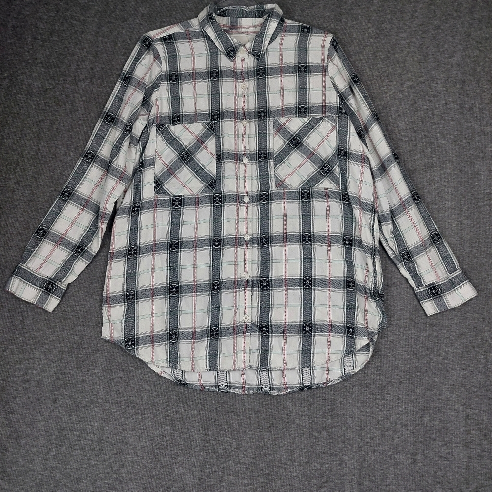 MUDD WOMENS WHITE MULTICOLOR PLAID Y2K SOUTH WESTERN BUTTON FRONT SHIRT SIZE XL